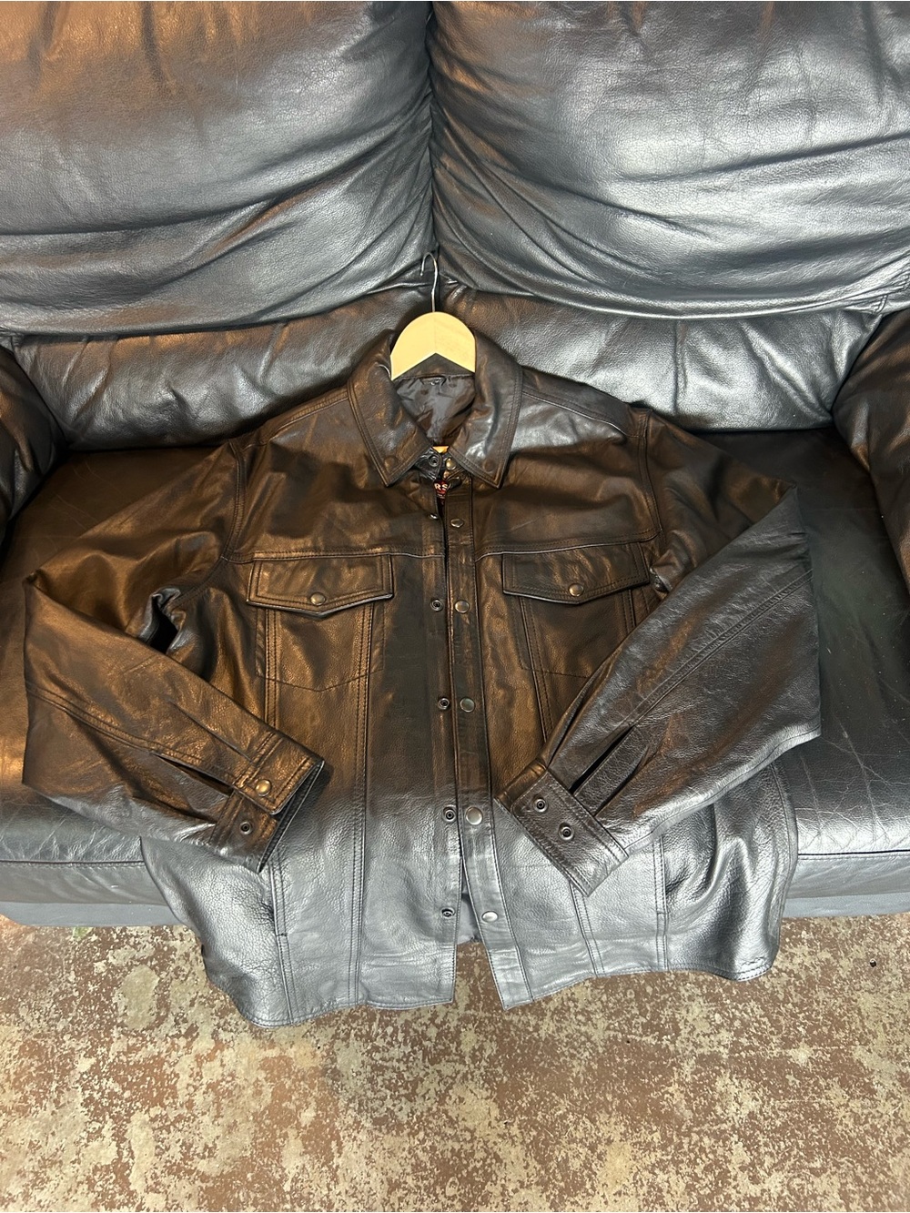 Men's Black Leather Shirt Jacket - Classic Button-Front